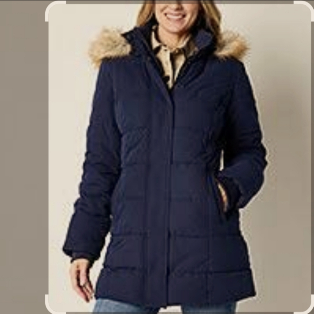 Obo!!!Xs Women's Navy Puffer Coat with Faux Fur Hood. St Johns Bay